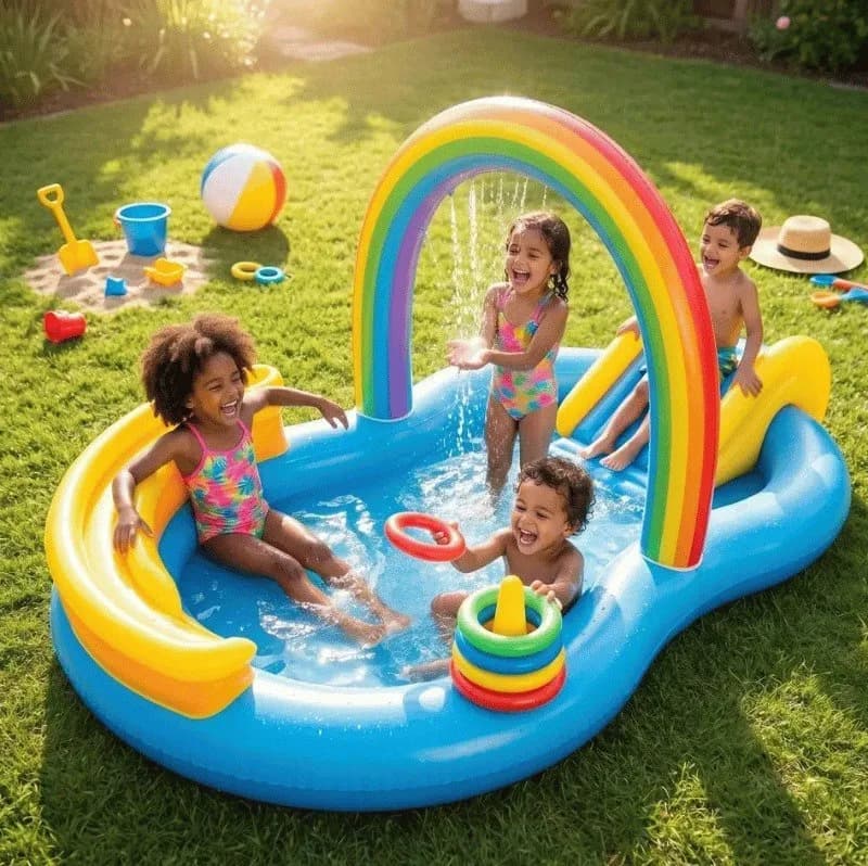 Piscina Infantil Inflável com Escorregador e Arco-íris